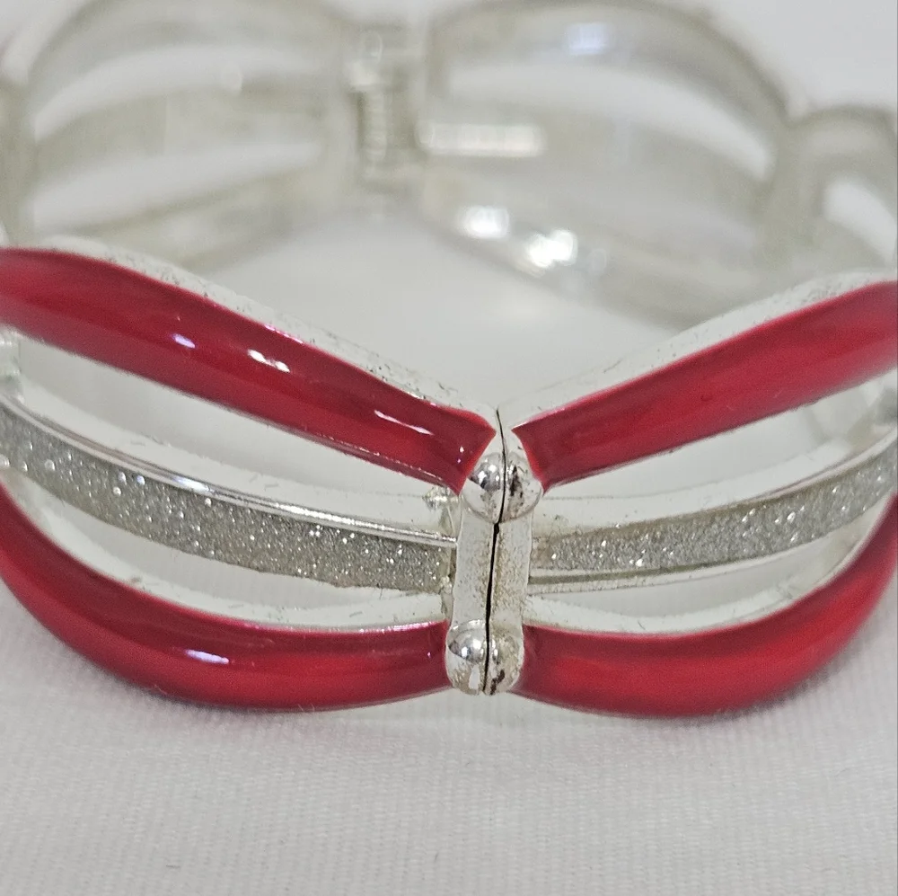 New York & Company Red Enamel Hinged Cuff Bracelet Silver Tone Bangle